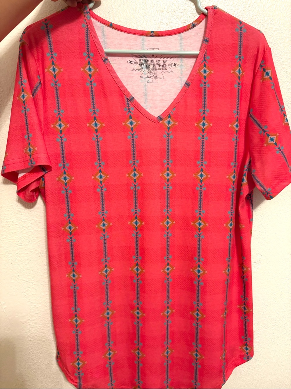 Crazy Train Coral V-Neck Tunic with Blue and Yellow Aztec Stripe